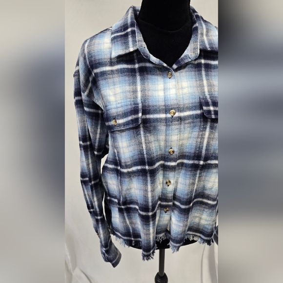 Lucky Brand women XL raw hem plaid cropped top flannel boxy gorpcore grangecore - Picture 2 of 9